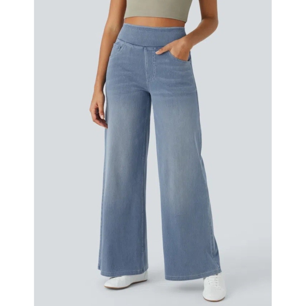 Halara Flex High Waisted Pockets Baggy Wide Leg Washed Casual Jeans Medium Reg